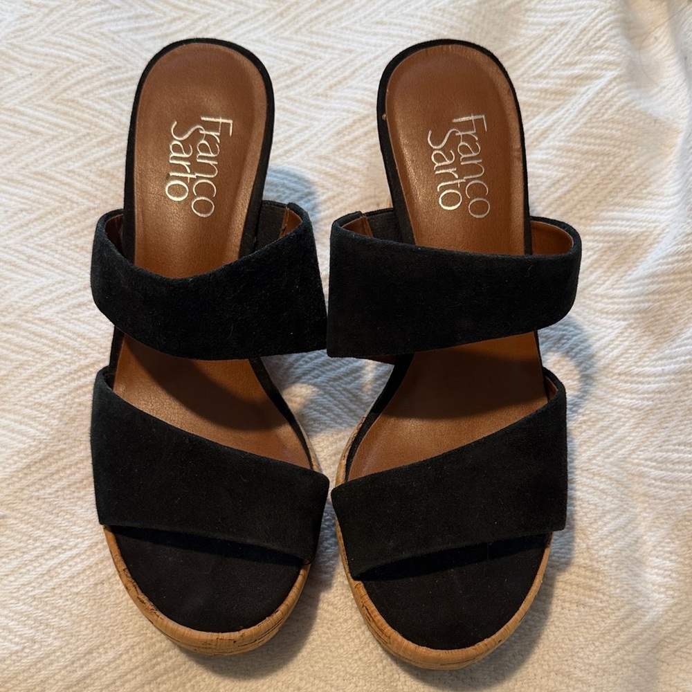 Franco Sarto Black Suede Double-Strap Cork Wedge Sandals